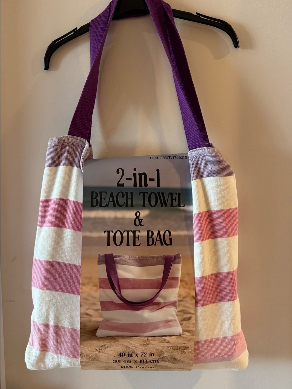 Striped Pink and White 2-in-1 Beach Tote with Purple Handles